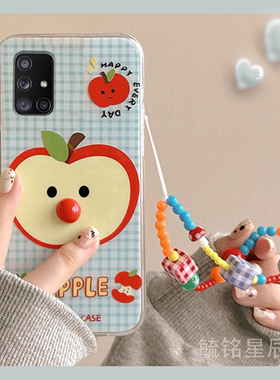 新款可爱蓝色格子苹果适用三星A54手机壳A70立体A71带挂绳的A52透明A51特别A53硅胶套防摔C9Pro高级感F52/A8s