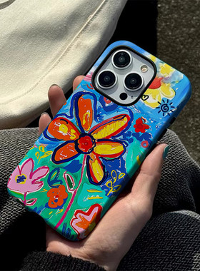 艺术手绘彩色花适用苹果15promax手机壳iPhone13二合一小米14磨砂菲林新款oppoxr小众华为PURA70vivoX100红米