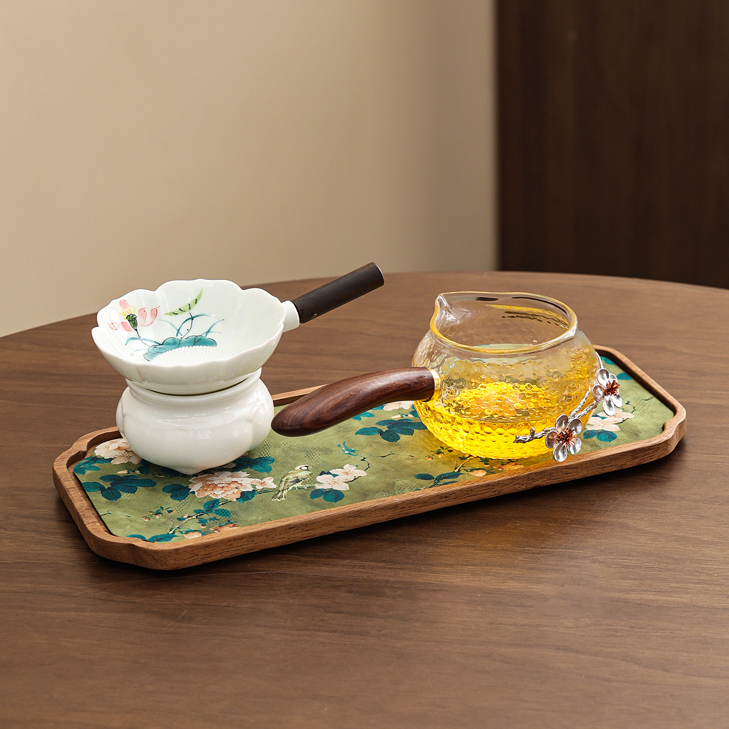 日式镶花玻璃公道杯茶漏一体加厚