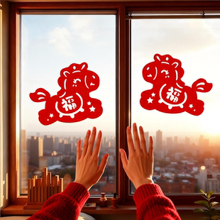 新年高级乔迁生肖绒布贴纸自粘窗花2026门贴玻璃贴进宅过年剪纸