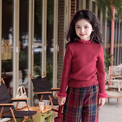 新款儿童一体绒打底加绒加厚毛衣女童洋气木耳边绒边针织衫半高领