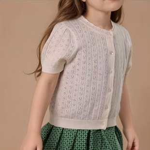 25韩版女童夏季泡泡袖镂空短袖针织开衫纯棉薄款外套儿童宝宝上衣