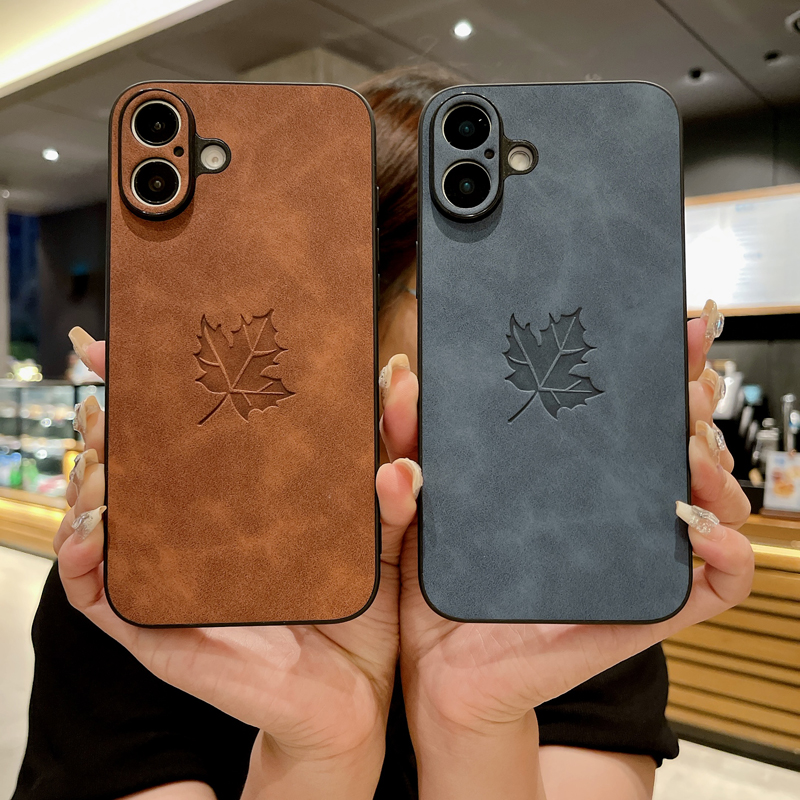 苹果小羊皮纹枫叶手机壳全包镜头