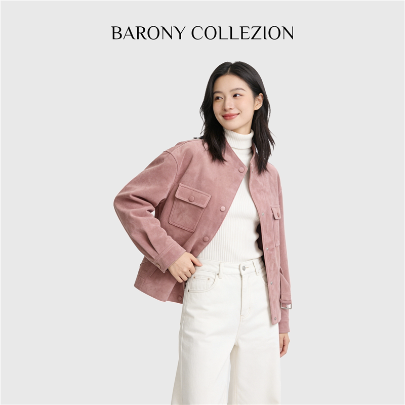 BARONY【98703】复古休闲立领头层羊皮进口真皮外套短款女士皮衣