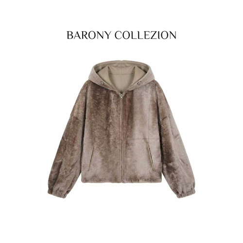 BARONY【木棉】高奢美利奴休闲连帽款皮毛一体外套皮草【86329