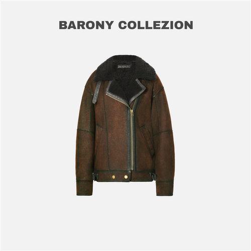 ‘BARONY’97047【25/26新款】冬季真皮真毛翻领皮草外套短款皮毛