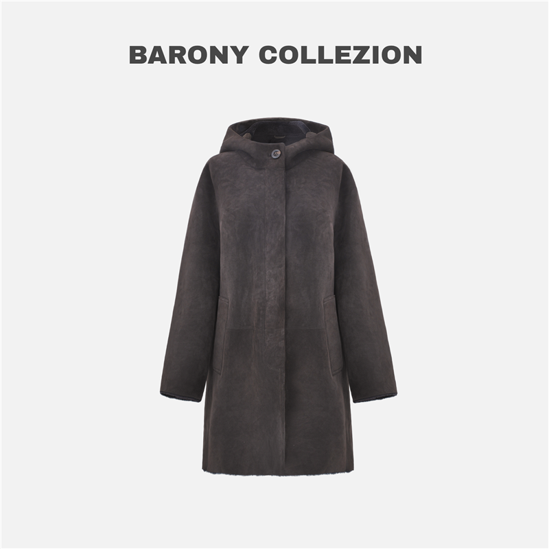 BARONY【86275】休闲连帽可可棕绒面进口皮草外套真皮毛一体真毛
