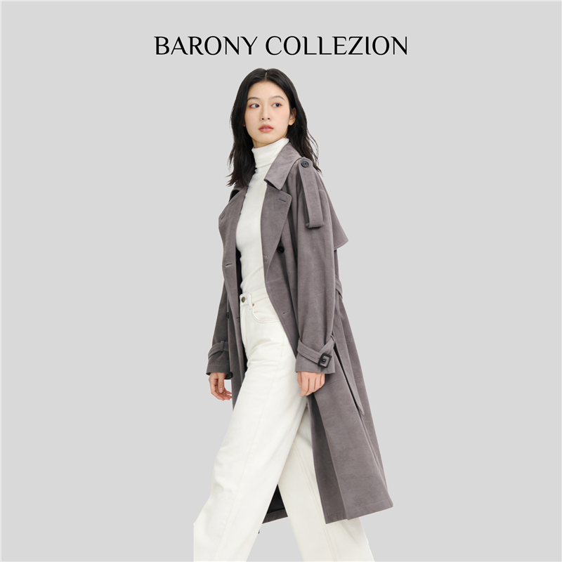 BARONY【98717】长款英伦风绒面混种羊大衣中长款2026进口皮衣外