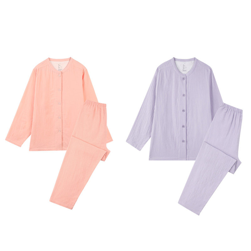 无印风日系25春新款双层纱睡衣套装女士圆领条纹纯色全棉家居服