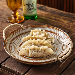 池上之家日系手工复古柴烧月光螺纹麻绳双耳深盘美食陶瓷西餐盘