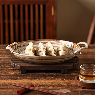 池上之家 日式手工复古粗陶盘带提手陶瓷盘子汤盆餐具西餐盘