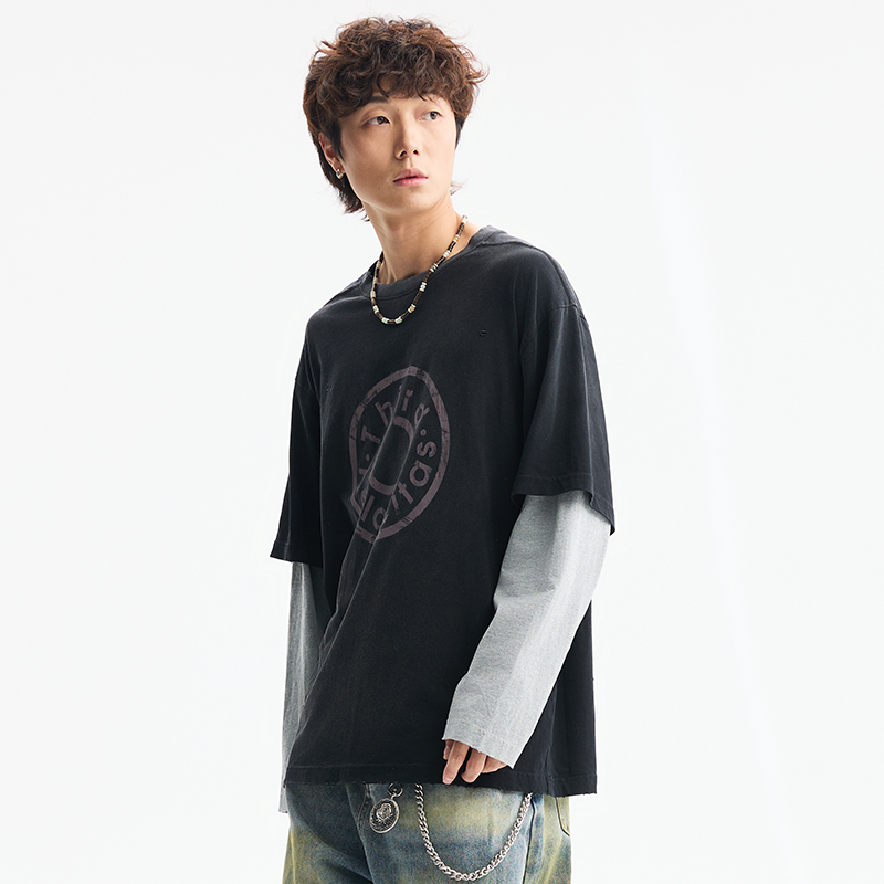 美式做旧假两件长袖T恤男