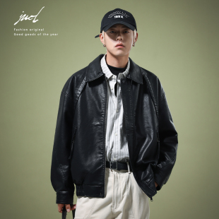 美式 黑色机车boxy牛皮外套 潮牌高级翻领皮衣夹克男痞帅街头秋冬款