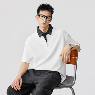 【新都市主义】夏季休闲通勤立体解构翻领白色POLO衫短袖T恤男士