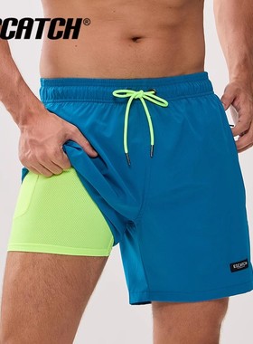 泳裤男款双层防尴尬宽松速干温泉游泳裤平角沙滩裤海边度假短裤