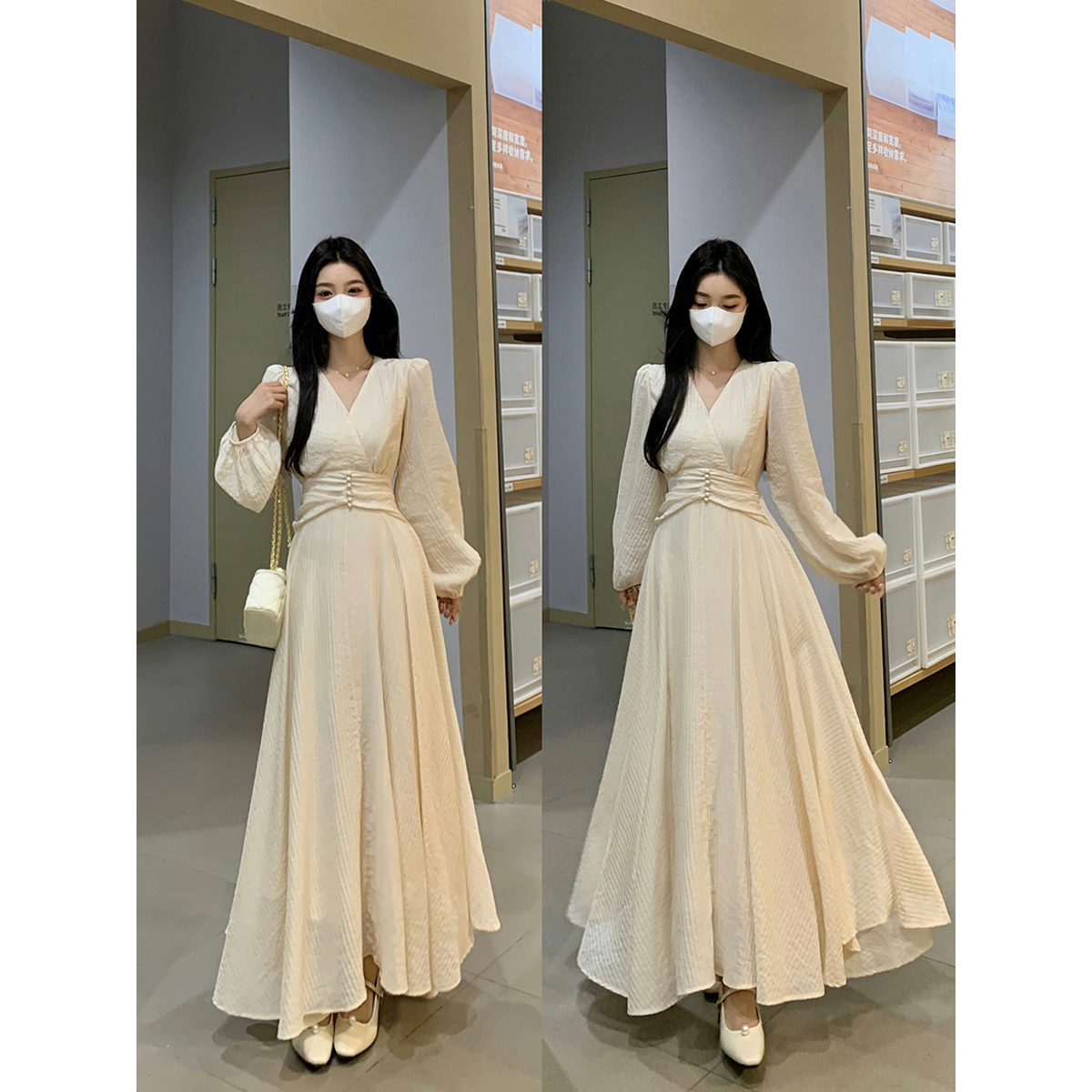 大码女装法式优雅V领长袖收腰显瘦连衣裙胖MM气质A字长裙仙