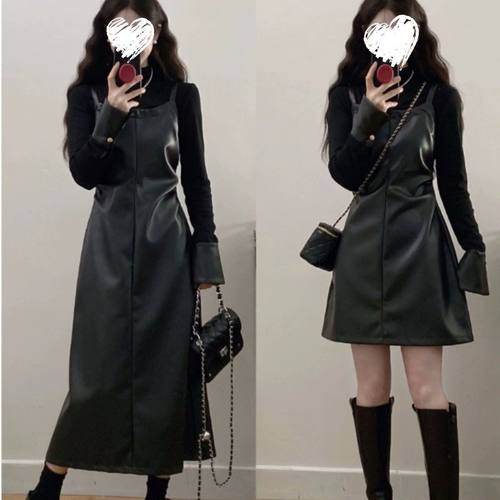 大码女装法式高级感连衣裙冬季假两件吊带皮裙胖MM遮肚子显瘦裙子