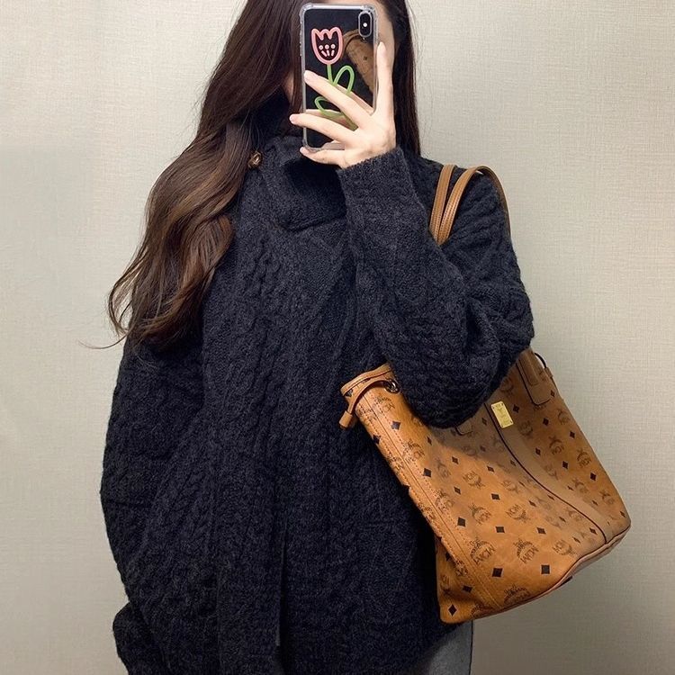 实拍~大码女装翻领针织开衫毛衣外套羊绒阔腿糯米裤慵懒风套装女