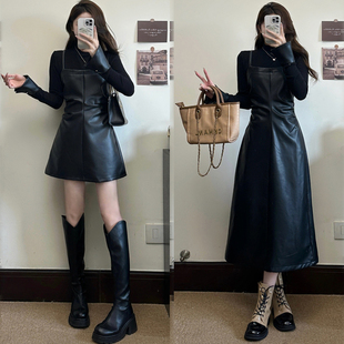 胖MM连衣裙 高级感御姐气质黑色pu皮收腰喇叭袖 大码 女装