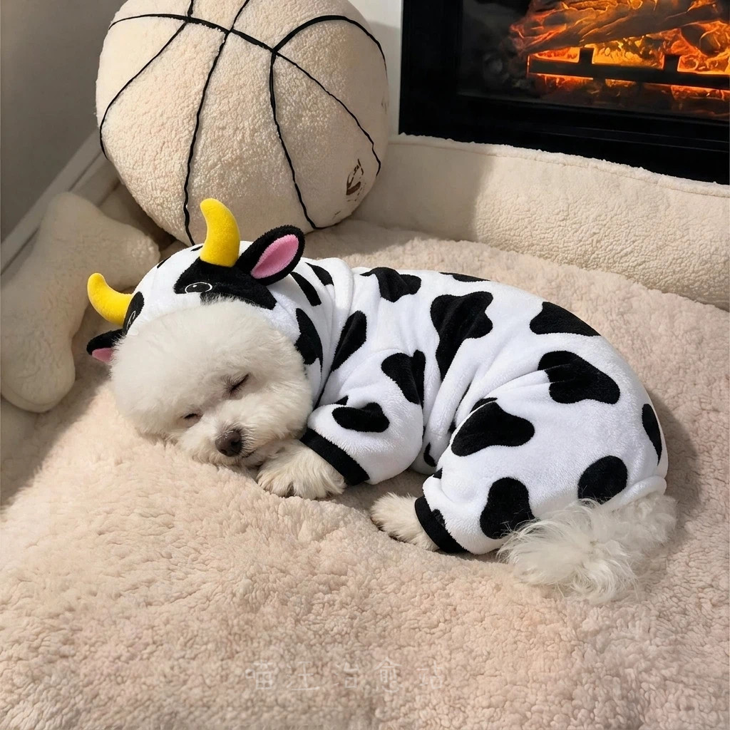 狗狗衣服秋冬款奶牛四脚衣比熊泰迪小型犬加厚保暖宠物猫咪连体衣