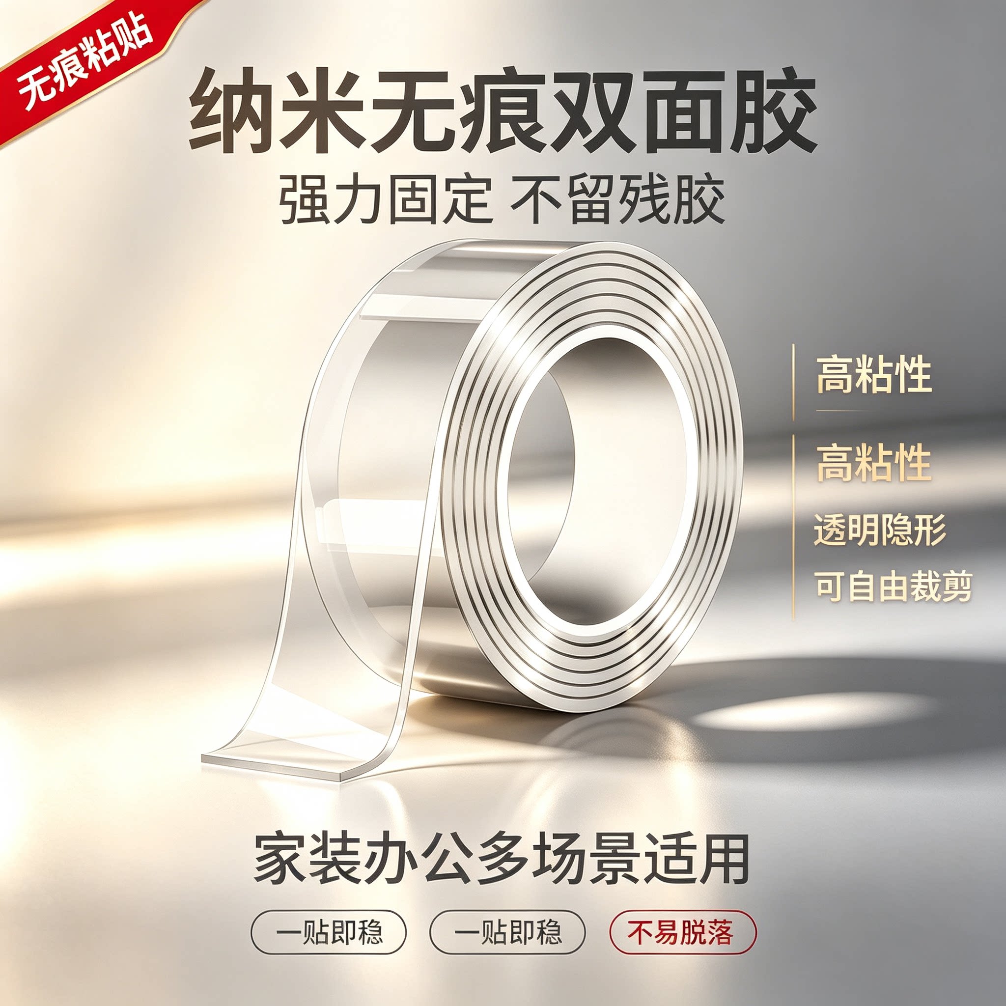 纳米双面胶带无痕高粘度不留痕透明加宽固定贴墙沾汽车专用防水超强力加厚魔力墙面胶布防滑贴片两面无痕胶带