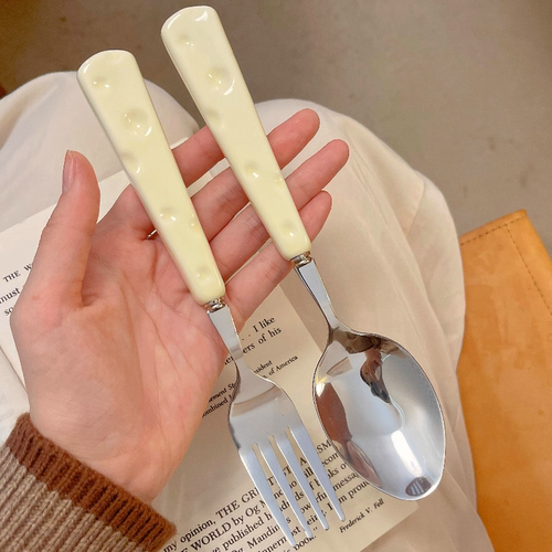 奶酪叉子勺子餐具套装不锈钢可爱塑料柄高级感家用精致西餐97369