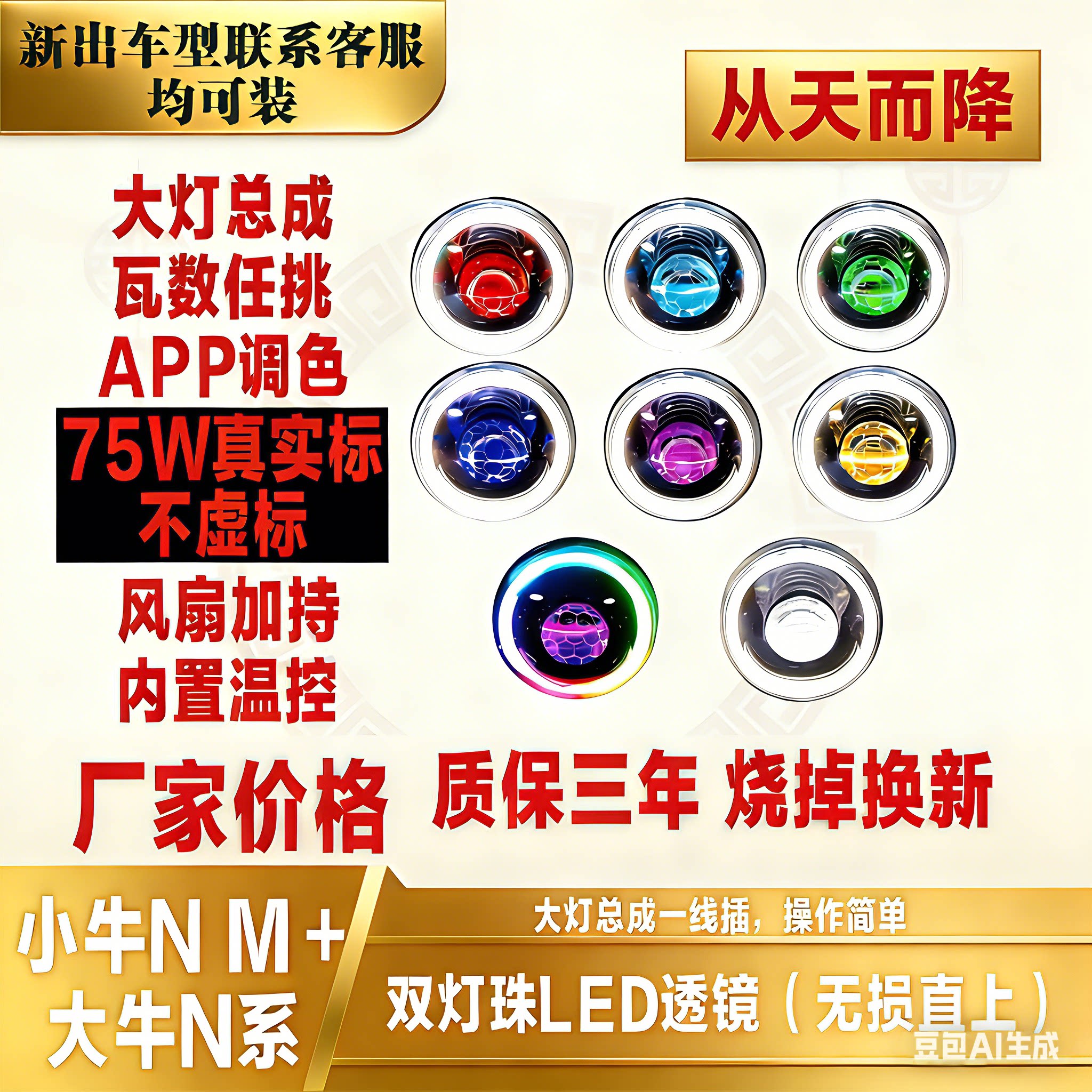 小牛大灯总成N1S M＋75W65W55WLED蜂窝恶魔眼APP双灯珠可调透镜。
