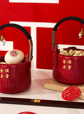 结婚礼子孙桶一对女方陪嫁用品大全娘家嫁妆陶瓷红色喜桶宝桶摆件