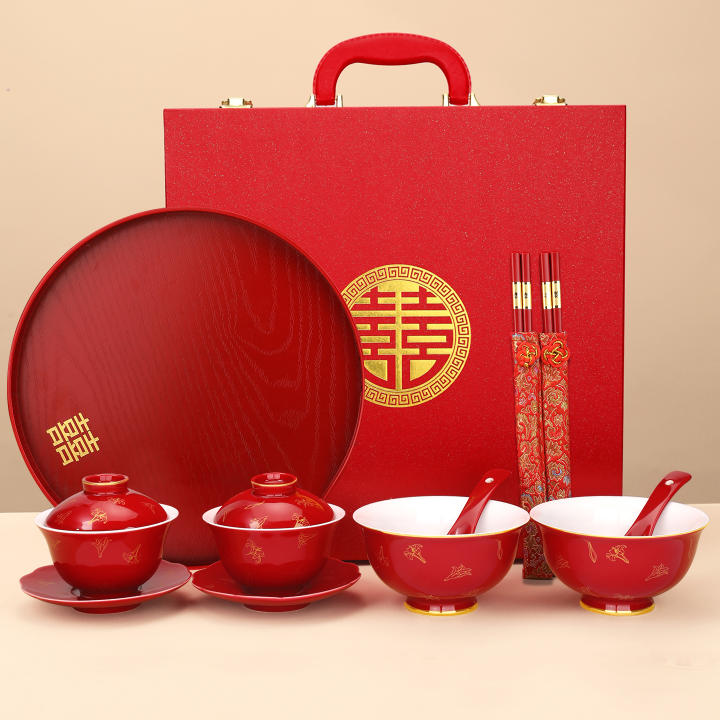 结婚改口敬茶杯一对喜碗筷勺套装