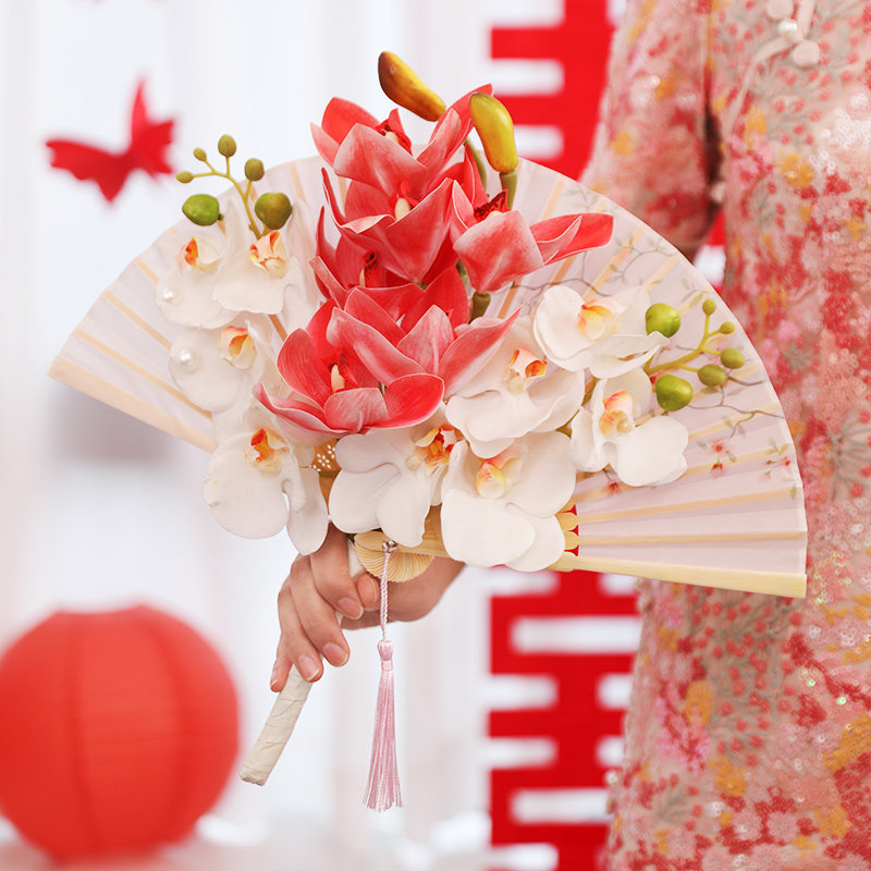 接亲迎亲喜扇子晨袍拍照道具结婚礼新娘手捧花仿真花旗袍秀禾团扇