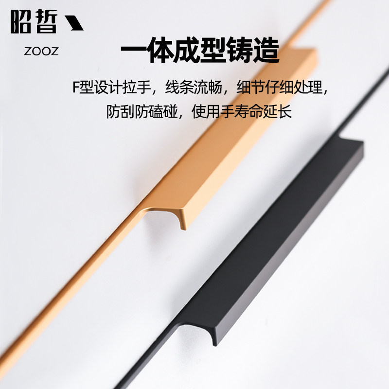 f款型通顶隐形封边长拉手开槽 现代简约衣橱柜门轻奢拉丝古铜金色