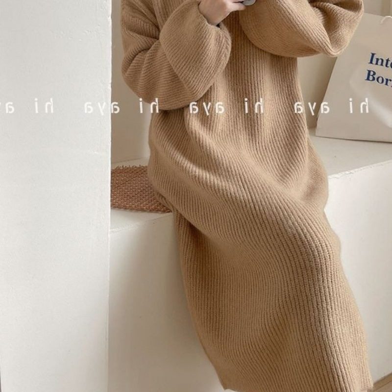 温柔风连衣裙女秋冬中长款过膝气质名媛穿搭针织宽松毛衣长裙内搭