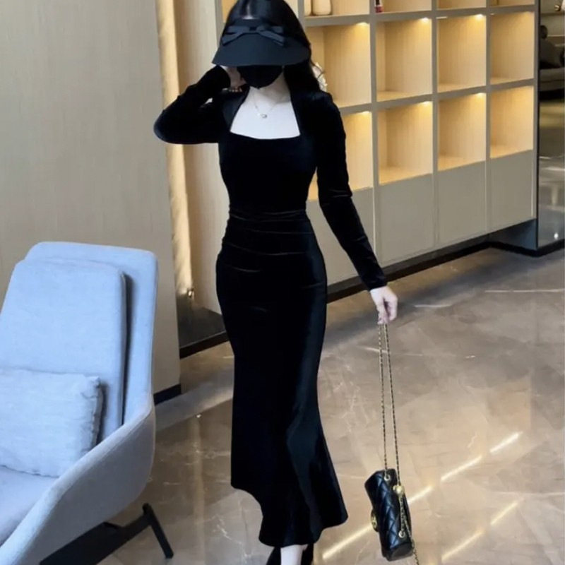 秋冬时尚方领丝绒黑色连衣裙女赫本风法式显瘦鱼尾包臀长裙子女装,女装/女士精品,连衣裙,淘宝优惠券,粉丝福利购,淘宝优惠卷