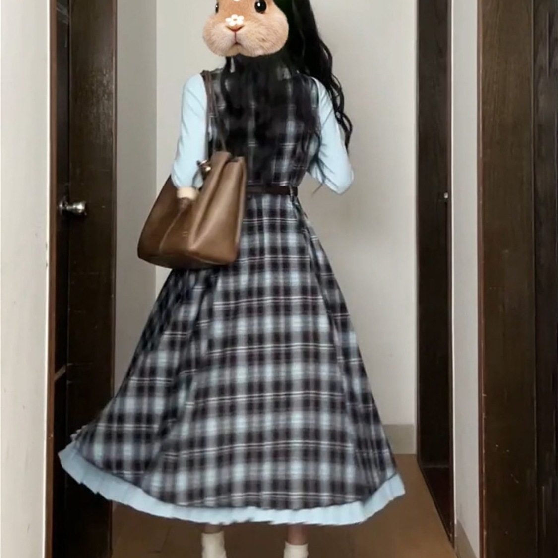 初秋新款复古假两件蓝棕色结拼接格纹连衣裙收腰显瘦长裙