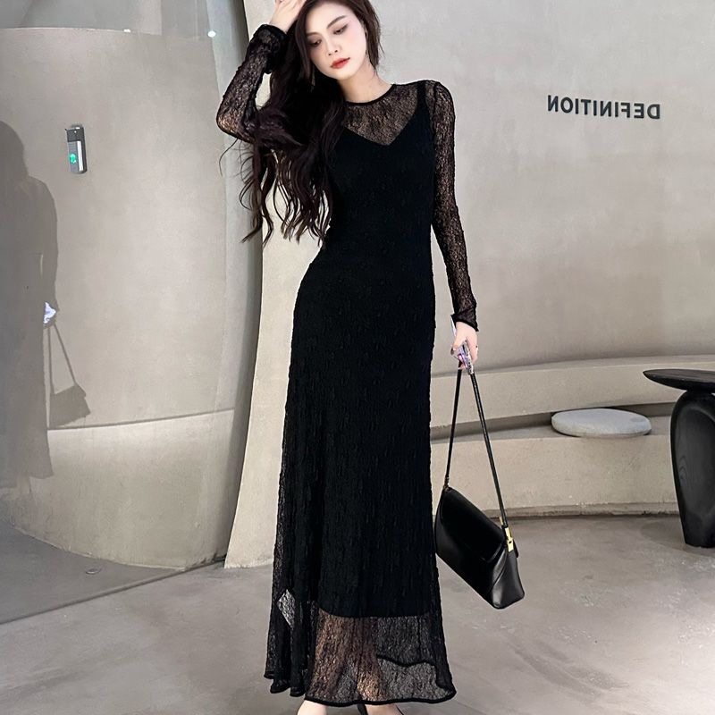 新款春秋法式气质名媛镂空蕾丝网纱吊带连衣裙性感两件套冬季