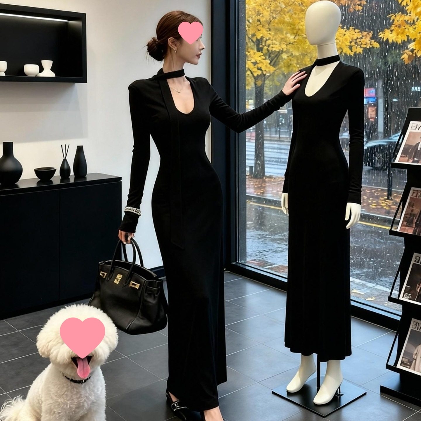 黑色V领针织连衣裙女秋冬新款修身收腰性感包臀气质长裙子