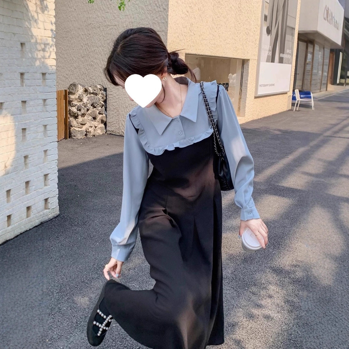 法式气质假两件撞色衬衫连衣裙女秋季新款韩版收腰显瘦长裙