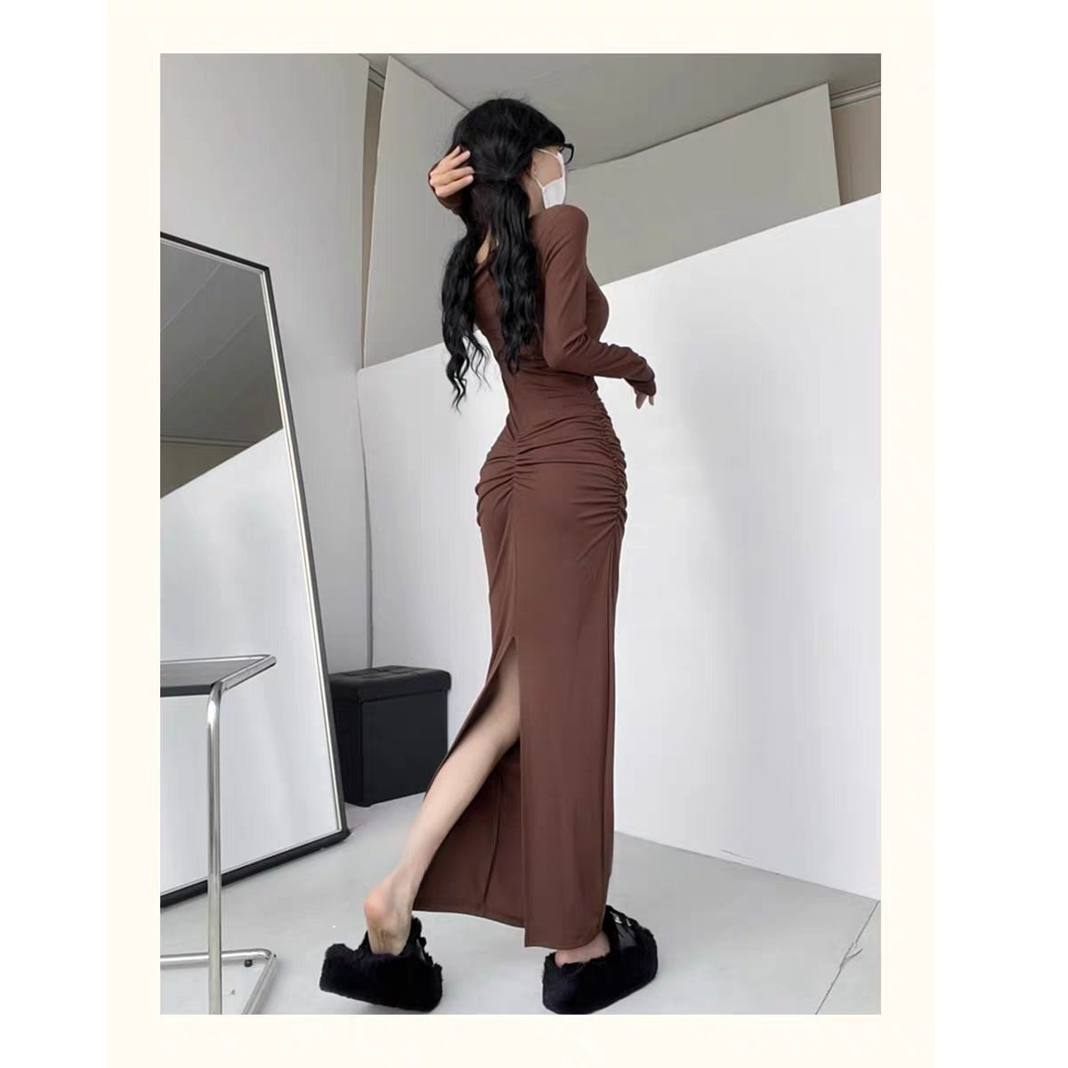 纯欲性感辣妹低领修身显瘦褶皱打底裙后开叉包臀裙长袖鱼尾连衣裙,女装/女士精品,连衣裙,淘宝优惠券,粉丝福利购,淘宝优惠卷