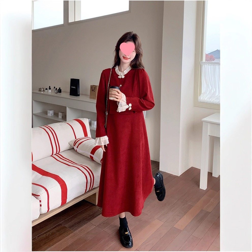 红色连衣裙女新款早秋假两件蕾丝拼接长裙小个子订婚长袖裙子