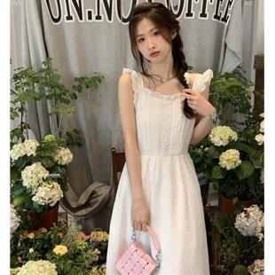 白色吊带连衣裙女小个子初恋仙女裙飞飞袖学生中长裙子初夏精致