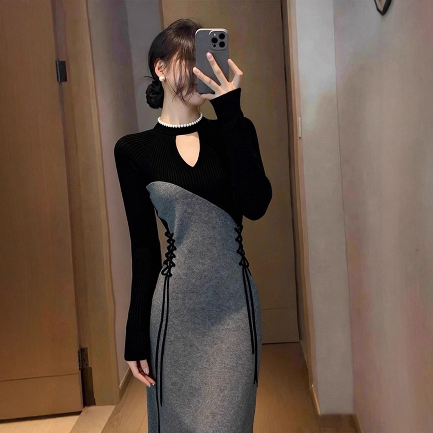 法式独特漂亮拼接连衣裙冬季新款小众设计感气质名媛系带长裙