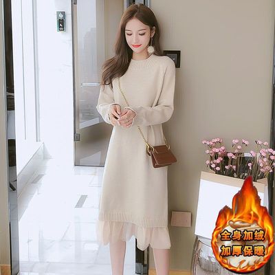 针织拼接中长款蕾丝连衣裙