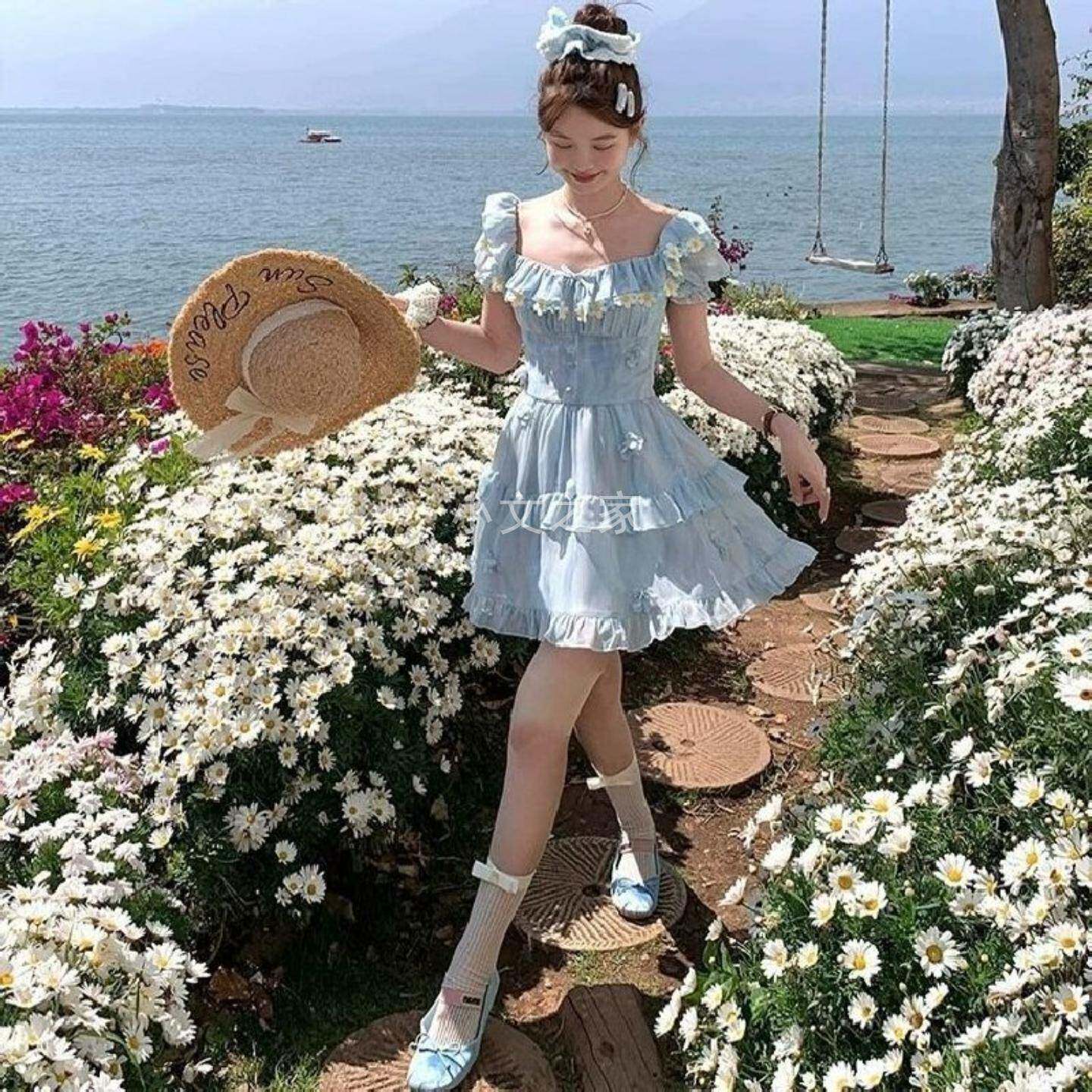 中长款方领小飞袖收腰雪纺短袖女