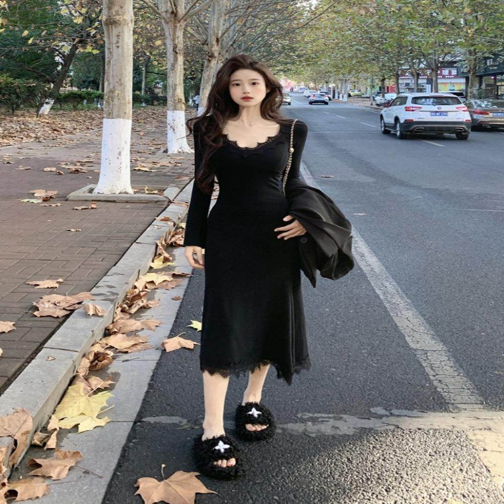 韩系黑色V领蕾丝拼接长袖鱼尾连衣裙女秋冬收腰修身气质包臀长裙,女装/女士精品,连衣裙,淘宝优惠券,粉丝福利购,淘宝优惠卷