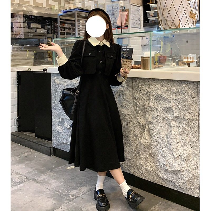 【灯芯绒】连衣裙撞色翻领气质收腰线假两件裙子高级感小众连衣裙