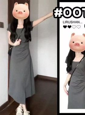 茶歇法式方领灰色连衣裙女小个子夏季设计感小众修身显瘦气质长裙