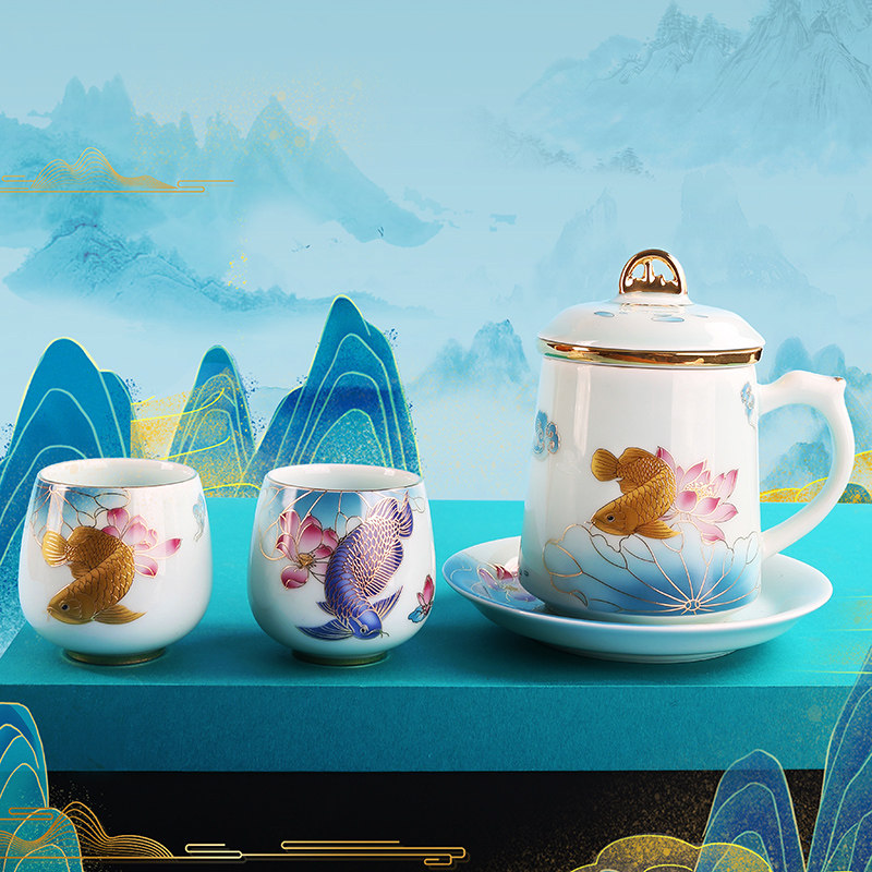 陶瓷过滤主人杯喝茶杯子办公泡茶杯金龙鱼对杯礼盒装企业定制logo