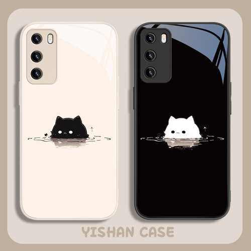 适用华为情侣简约猫咪玻璃手机壳