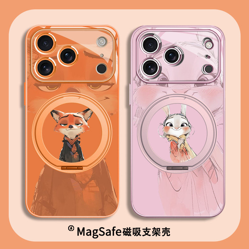 疯狂动物城2适用苹果17promax手机壳iPhone16情侣15plus磁吸MagSafe带支架14pro支点壳air秀恩爱13玻璃12橙色