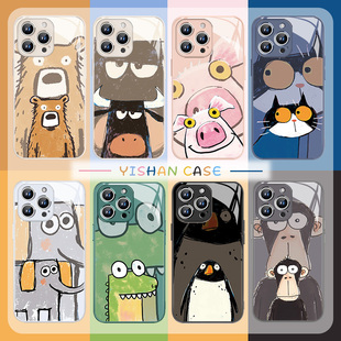 趣味动物手机壳适用iPhone16plus卡通苹果17系列/15pro创意13/12mini彩绘14简约ip11新款玻璃16e防摔7/8套x/x